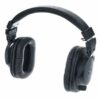 Casque audio noir professionnel avec coussinets rembourrés, bandeau ajustable et logo argenté, idéal pour le studio.