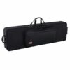 Valise noire à roues avec poignée, poche extérieure zippée pour clavier. Optimisée pour transport sécurisé d'instruments musicaux.