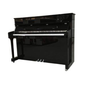 Piano droit noir laqué avec trois pédales, idéal pour les musiciens et débutants. Instrument de musique élégant et classique.