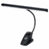 Lampe LED noire avec bras flexible et pince, idéale pour éclairer les partitions musicales ou le bureau.