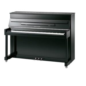 Piano droit noir élégant avec trois pédales, idéal pour les musiciens professionnels et amateurs, finition brillante.