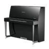 Piano droit noir élégant avec design moderne, idéal pour salons ou salles de musique, marque visible sur le panneau supérieur.