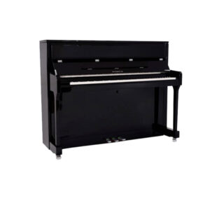 Piano droit noir élégant avec des pédales chromées, idéal pour les pianistes amateurs et professionnels.