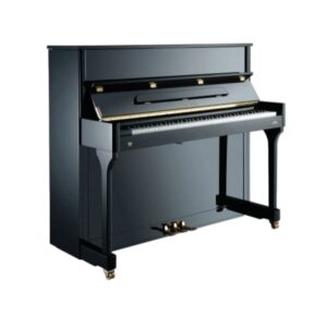 Piano droit noir élégant avec trois pédales dorées, parfait pour les mélomanes et l'ambiance musicale raffinée.