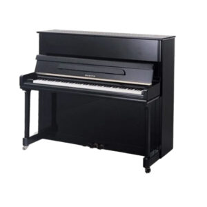 Piano droit noir en bois avec clavier ouvert, idéal pour la musique classique et moderne, design élégant et compact.