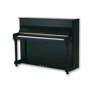 Piano droit noir élégant, idéal pour les amateurs et les professionnels de musique, avec finition brillante et touches blanches.