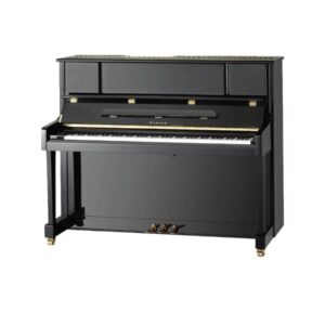 Piano droit noir élégant avec finitions dorées, idéal pour les salons modernes et performances musicales.