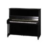 Piano droit noir élégant sur roulettes, avec touches blanches et noires, idéal pour salon ou salle de musique.