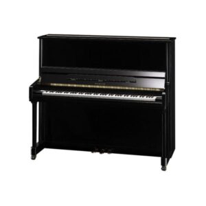 Piano droit noir élégant sur roulettes, avec touches blanches et noires, idéal pour salon ou salle de musique.