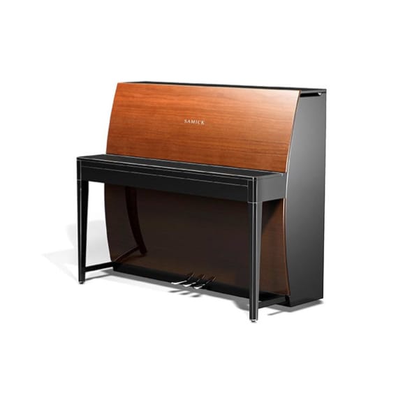 Piano droit Samick moderne avec finition bois marron et noir, élégant et minimaliste.