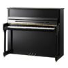 Piano droit noir élégant avec trois pédales et finition brillante pour concerts et pratique musicale.