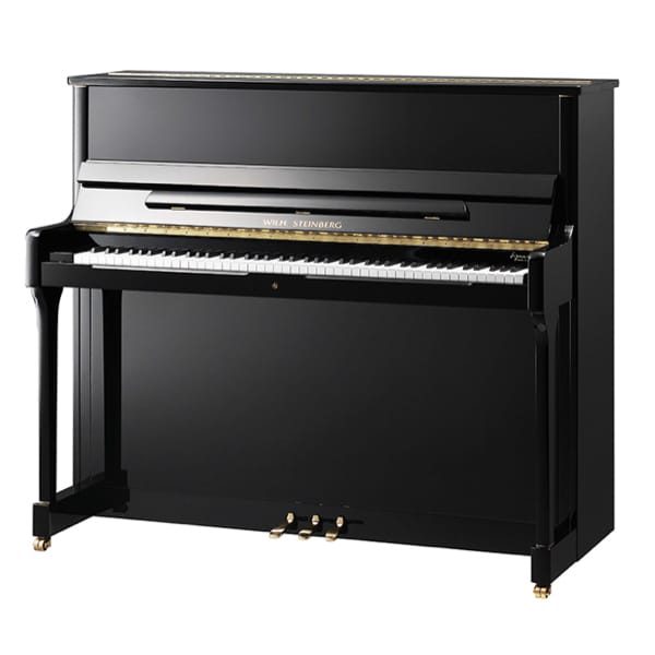 Piano droit noir élégant avec trois pédales et finition brillante pour concerts et pratique musicale.