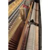 Intérieur d'un piano droit montrant les marteaux, cordes et mécanisme, offrant un aperçu complexe de son fonctionnement musical.