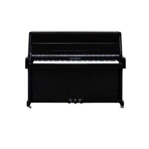 Piano droit noir classique en bois, avec clavier complet et trois pédales, idéal pour les amateurs de musique et pianistes débutants.