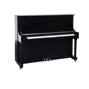 Piano droit noir élégant avec touches blanches et noires, idéal pour la musique classique et moderne.