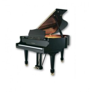 Piano à queue noir élégant avec couvercle ouvert, idéal pour concerts et décoration d'intérieur sophistiquée.