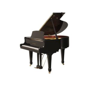 Piano à queue noir élégant avec couvercle ouvert, idéal pour les concerts et studios de musique.
