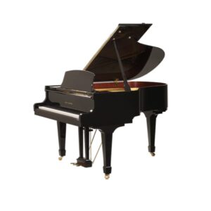 Piano à queue noir brillant avec couvercle ouvert, idéal pour concerts et salles de musique. Instrument élégant et classique.
