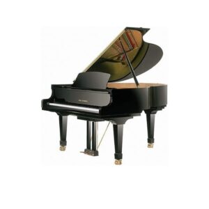Piano à queue noir brillant avec couvercle ouvert, idéal pour concerts et studios. Instrument de musique élégant et classique.