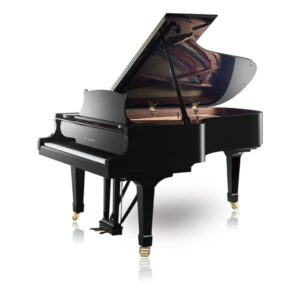 Piano à queue noir brillant avec couvercle ouvert, touches blanches et noires visibles, pieds dorés élégants.