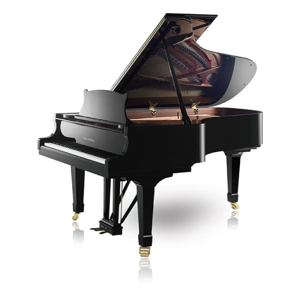 Piano à queue noir brillant avec couvercle ouvert, touches blanches et noires visibles, pieds dorés élégants.