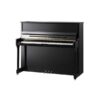 Piano droit noir élégant avec trois pédales dorées et clavier complet, idéal pour les musiciens et les amateurs de musique.