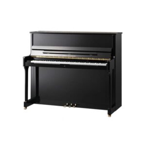 Piano droit noir élégant avec trois pédales dorées et clavier complet, idéal pour les musiciens et les amateurs de musique.