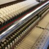 Mécanisme intérieur d'un piano avec marteaux et cordes, vue rapprochée, montrant la précision de la fabrication instrumentale.