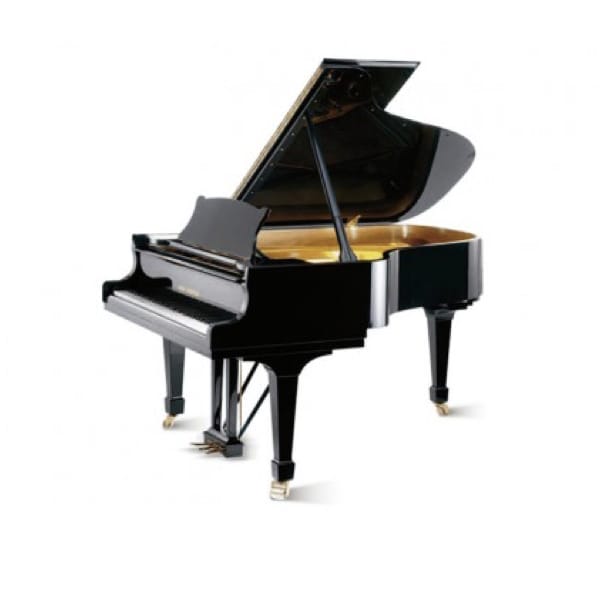Piano à queue noir élégant avec couvercle ouvert, prêt à jouer, sur fond blanc.