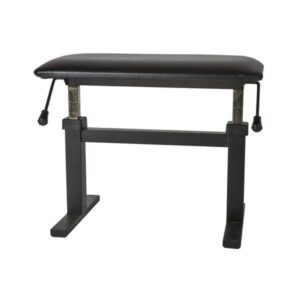 Banc noir ajustable pour piano, structure métallique robuste, idéal pour musicien, hauteur réglable pour confort optimal.