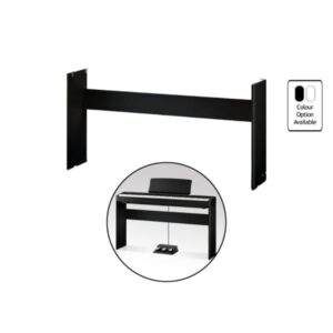 Support piano numérique noir avec pédalier, illustration inclusion options de couleur. Accessoire stable et durable pour clavier.
