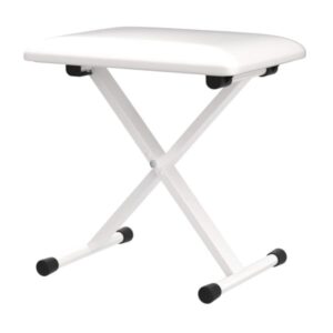 Tabouret pliant blanc avec pieds en X et assise rembourrée, adapté pour la maison, bureau ou salles d'attente.