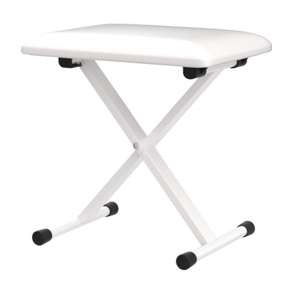 Tabouret pliant blanc avec pieds en X et assise rembourrée, adapté pour la maison, bureau ou salles d'attente.