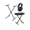 Support clavier X, tabouret réglable rembourré et casque audio noirs. Ensemble pratique pour musiciens et créateurs de musique.
