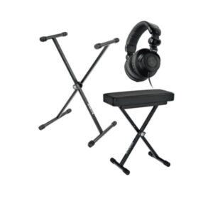 Support clavier X, tabouret réglable rembourré et casque audio noirs. Ensemble pratique pour musiciens et créateurs de musique.