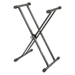 Support pliable en X pour clavier musical, en métal noir avec embouts antidérapants, ajustable pour usage pratique.