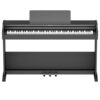Piano numérique noir avec support et trois pédales, clavier complet de 88 touches, idéal pour les musiciens et les étudiants.