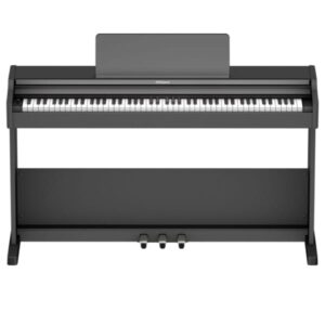 Piano numérique noir avec support et trois pédales, clavier complet de 88 touches, idéal pour les musiciens et les étudiants.