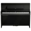Piano numérique noir avec touches blanches et noires, pédales et couvercle fermé, idéal pour la musique classique et moderne.