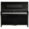 Piano numérique Roland noir de style classique avec trois pédales et multiples boutons de contrôle au-dessus du clavier.