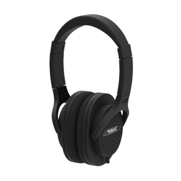 Casque audio noir Roland, design pliable, oreillettes rembourrées pour confort et qualité sonore optimale.