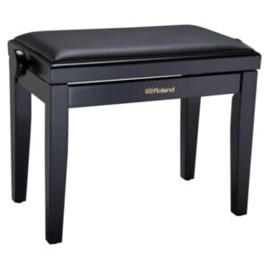 Tabouret de piano noir Roland avec coussin rembourré, design élégant pour musiciens, idéal pour le confort de jeu.