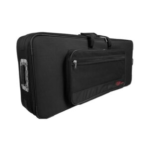Étui rigide noir pour instrument de musique avec poche zippée avant, idéal pour protéger et transporter facilement.