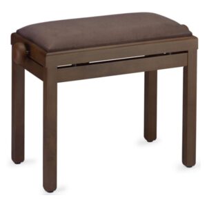 Tabouret de piano en bois brun avec siège rembourré, idéal pour musiciens. Design classique et fonctionnel.