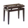 Tabouret de piano réglable en bois foncé sans coussin, quatre pieds solides, pour usage musical professionnel.