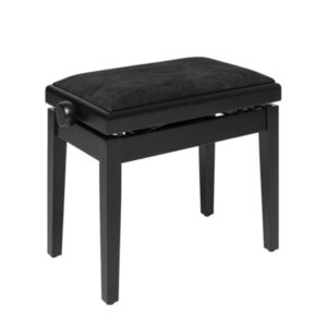 Tabouret de piano noir avec assise rembourrée, réglable en hauteur, idéal pour musiciens et pianistes.
