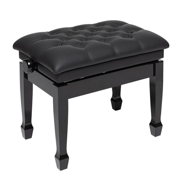 Tabouret de piano noir rembourré réglable avec finition capitonnée et pieds sculptés élégants.