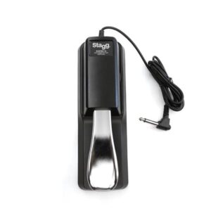Pédale de sustain Stagg noire avec câble et fiche jack, idéale pour claviers numériques et pianos électriques.
