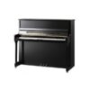 Piano droit noir élégant avec finitions dorées, idéal pour les musiciens passionnés et les amateurs de musique classique.