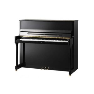 Piano droit noir élégant avec finitions dorées, idéal pour les musiciens passionnés et les amateurs de musique classique.